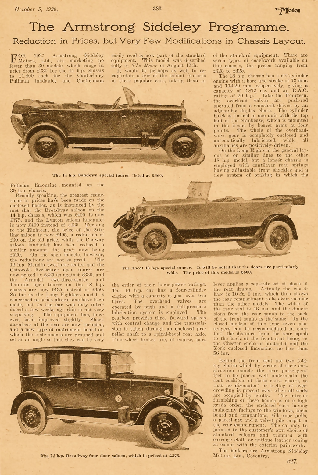Armstrong Siddeley 1927 model range