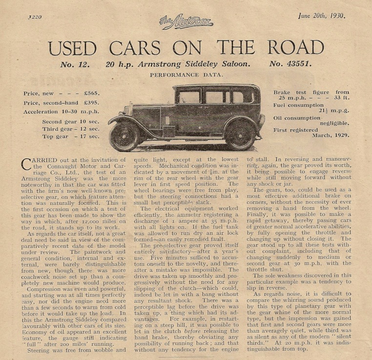 20 HP Armstrong Siddeley car road test, June 1930